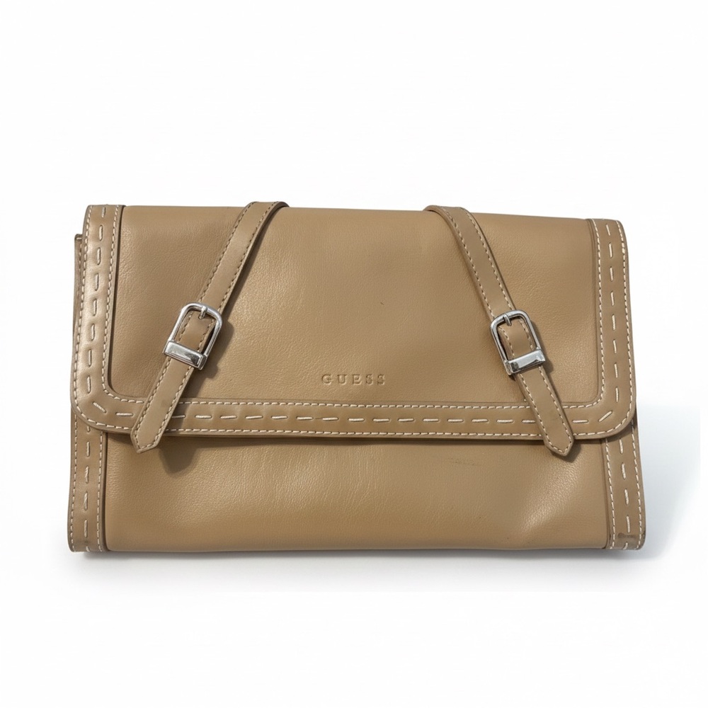 GUESS Faux Leather Tan Clutch with Buckle Accent - EUC